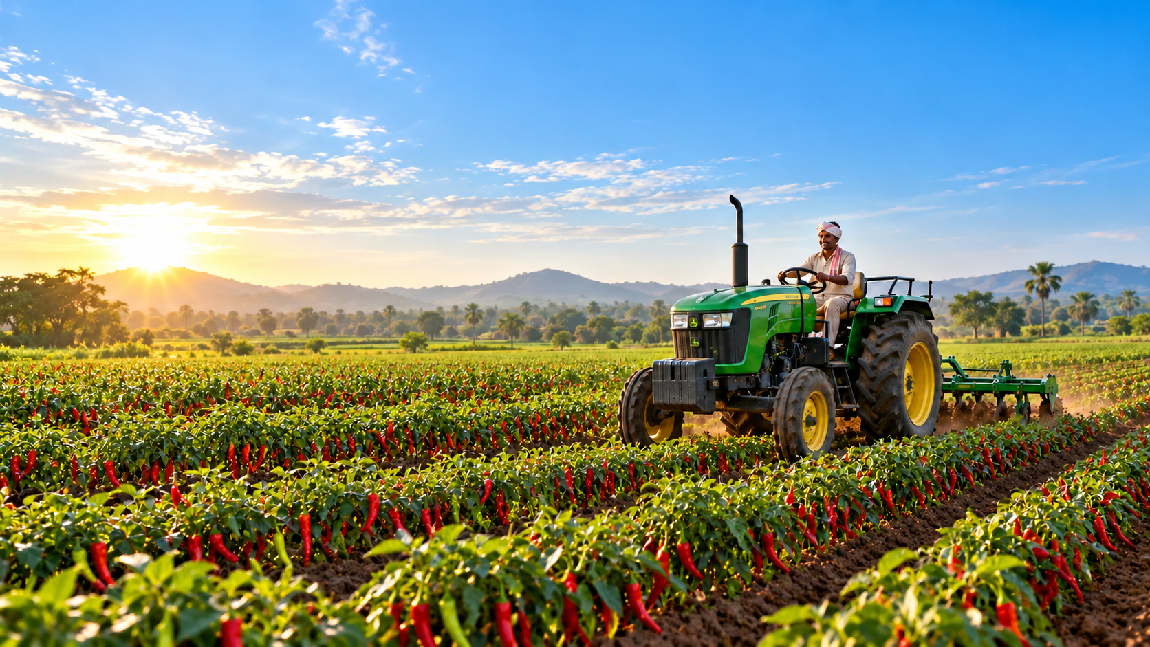 A farmer driving a green tractor through a lush crop field at sunrise
